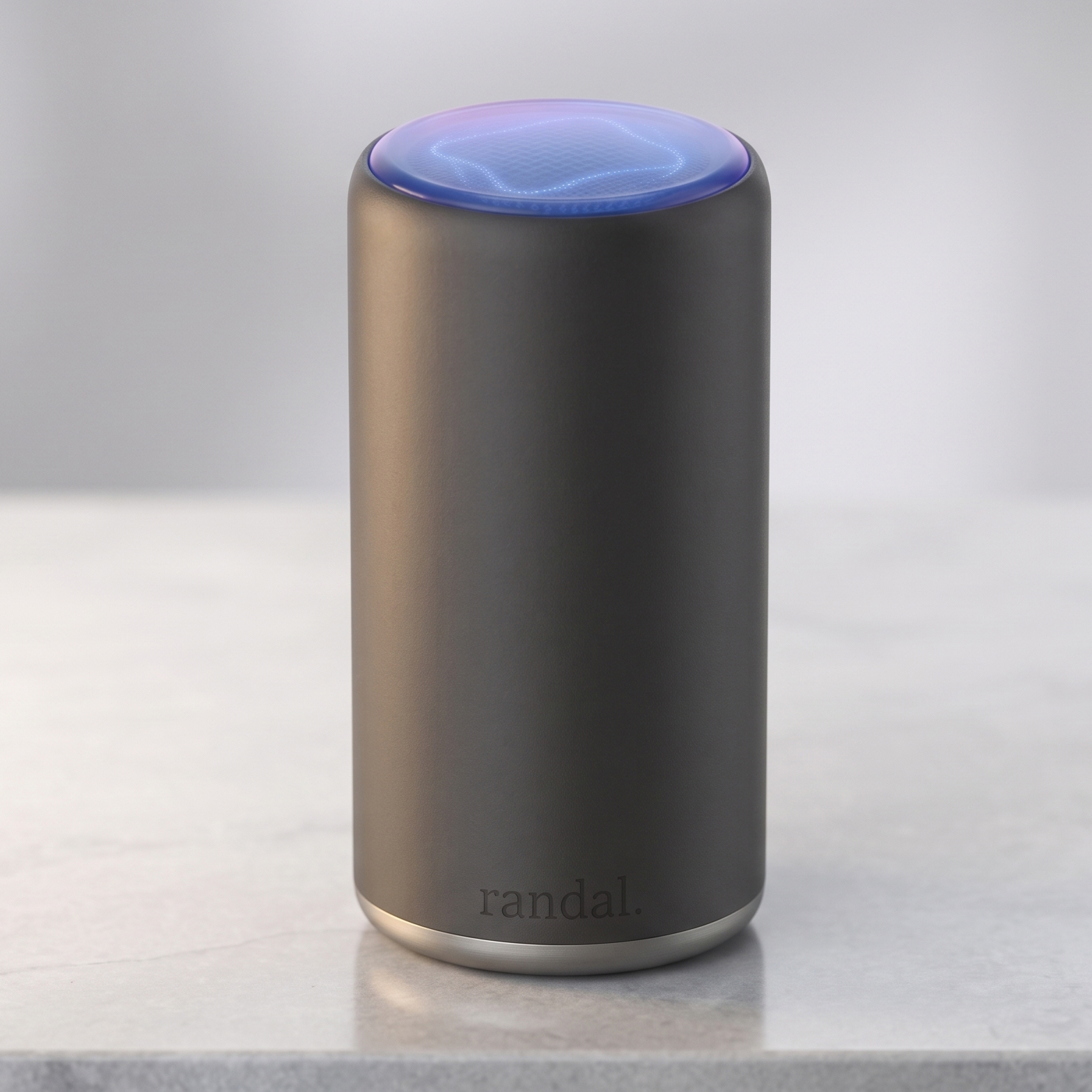 Photo of the coming-soon Randal Pod cylindrical speaker with a glowing blue and purple top.